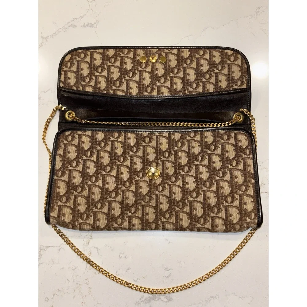 Dior Monogram Trotter Beige Brown Clutch Bag Gold Chain Shoulder Bag